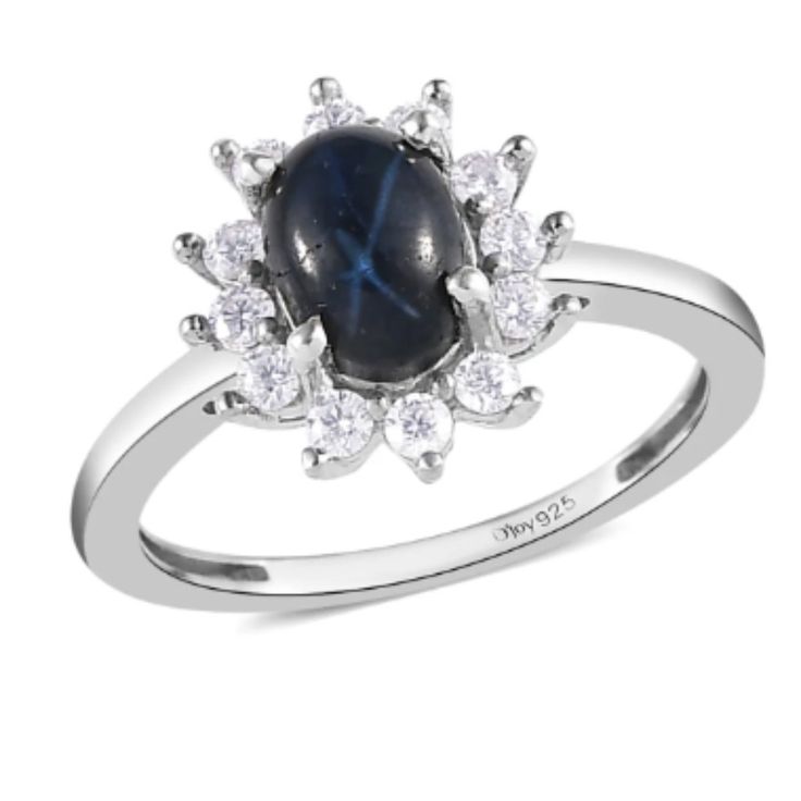 Blue Star Sapphire(Df)/Moissanite Sunburst /Platinum Over Sterling Silver 1.55 Ctw Gemstone Details: This Ring Features A Beautiful Sapphire Stone. This Gemstone Is Held Perfectly In A Prongs Setting Metal Details: This Ring Is Crafted In Sterling Silver. Blue Star Sapphire, Ring Earring, Star Sapphire, Sapphire Stone, Blue Star, Silver Blue, Womens Jewelry Rings, Blue And Silver, Ring Sets