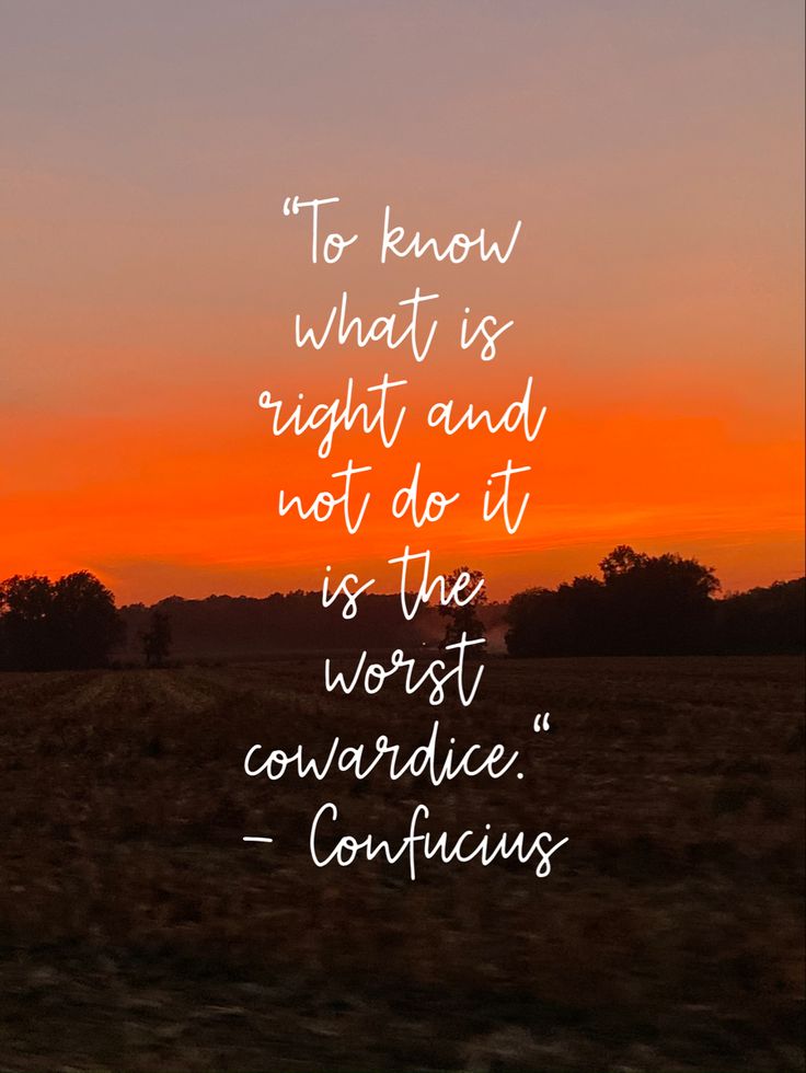 an orange sunset with the words to know what is right and not do it is the worst