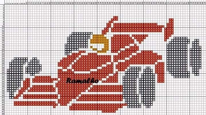 a cross stitch pattern with an image of a man on a red lawn mower