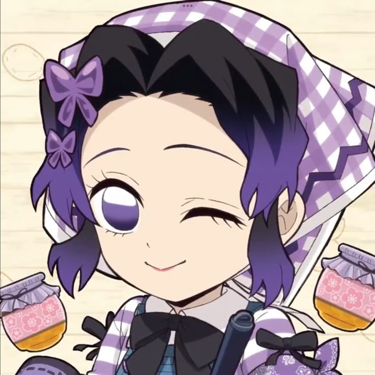 an anime character with purple hair and blue eyes is holding some food in her hand