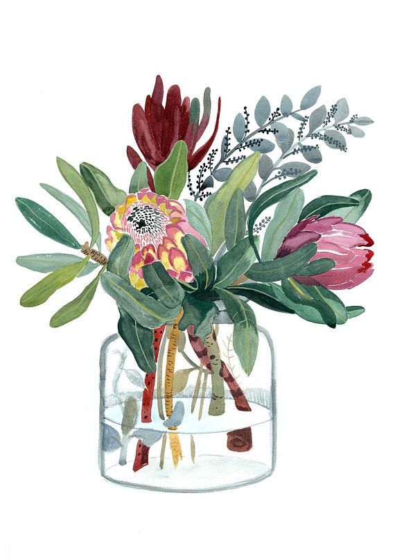 a watercolor painting of flowers in a glass vase with leaves and twigs around it