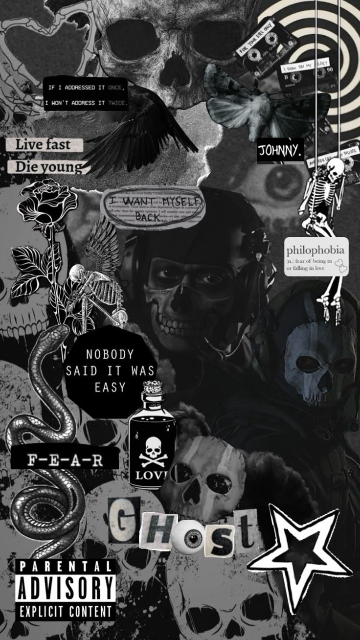 a collage of skulls, bones and other things on a black background with the words ghost