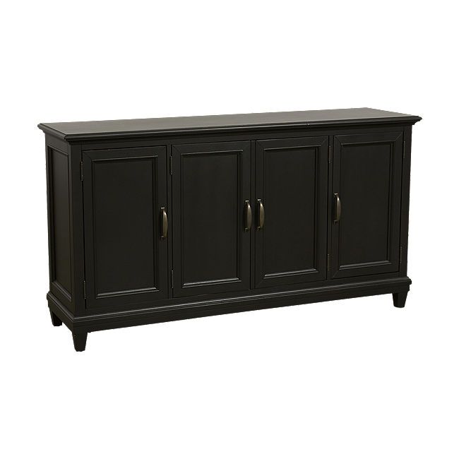 a black cabinet with three doors and two drawers on one side, in front of a white background