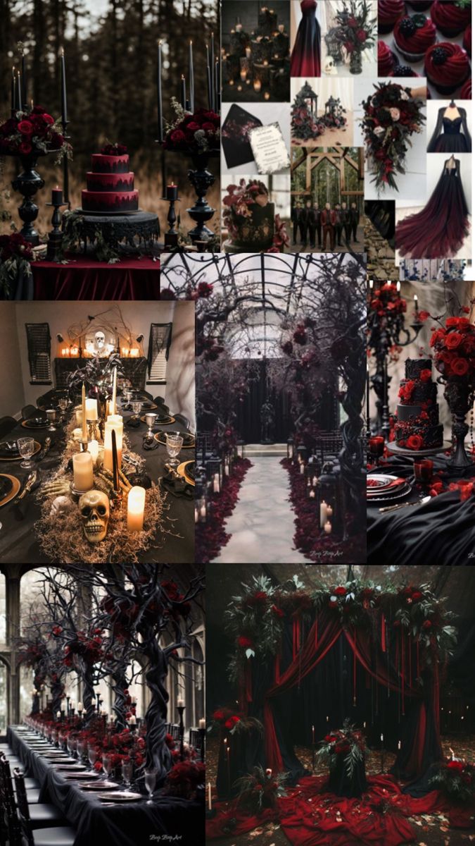 a collage of red and black wedding decor