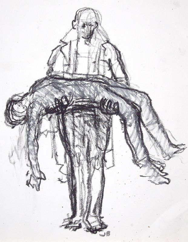 a drawing of a man sitting on top of another man's back with his legs crossed