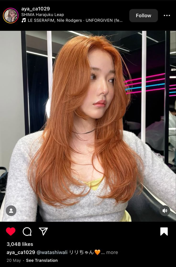 light copper orange hair color on asian skin Hair Colour Orange Brown, Asian Copper Hair Color, Milk Tea Copper Hair, Copper On Asian Hair, Orange Hair Cool Skin Tone, Hair Colour Ideas For Asian, Cool Toned Orange Hair, Ginger Asian Hair, Hair Color Ideas Light Skin