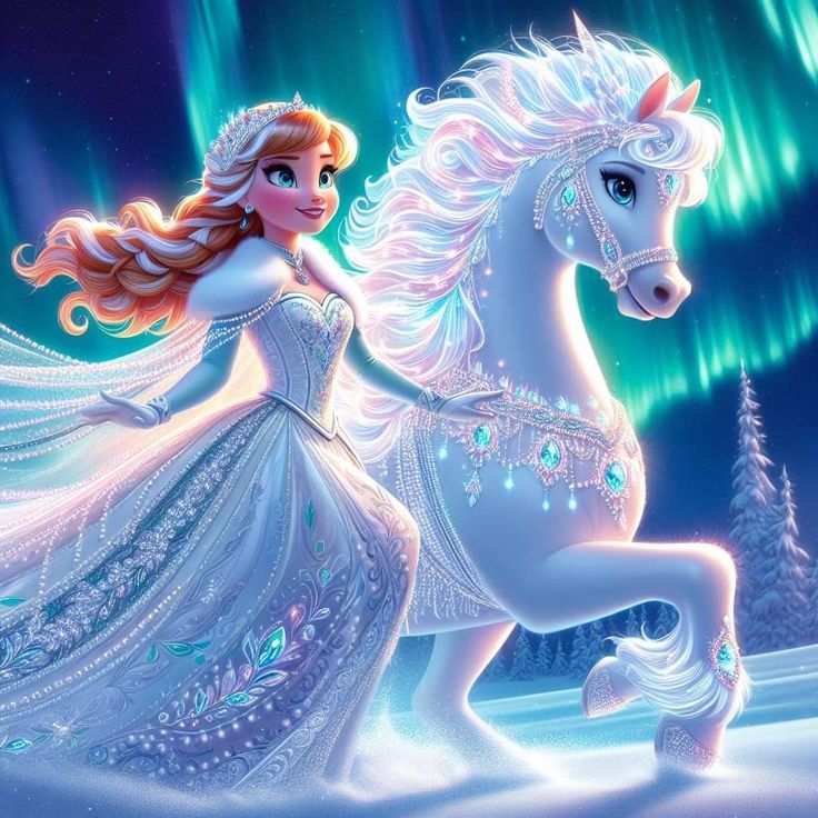 a princess riding on the back of a white horse in front of an aurora bore