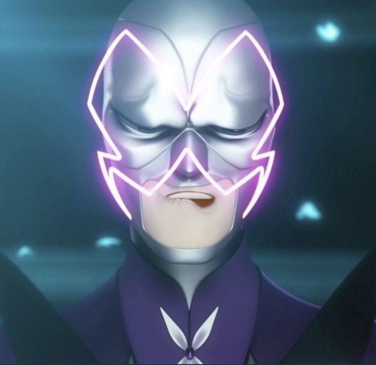 an animated image of a man in a purple suit with neon lights on his face