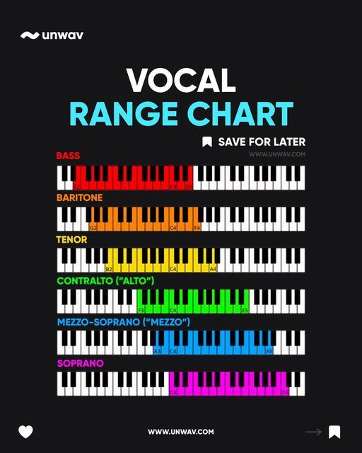 the vocal range chart for an electronic keyboard, with different colors and numbers on it