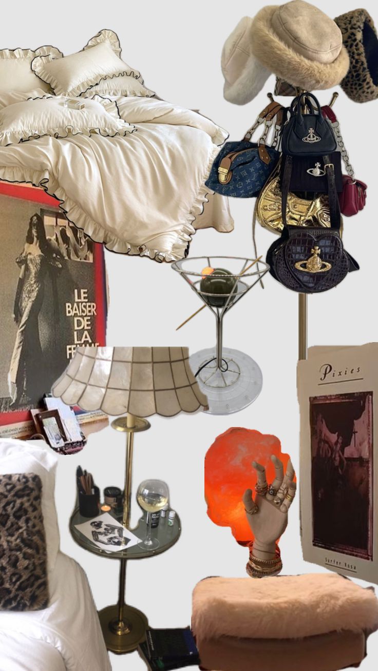 a collage of photos with hats, pillows and other items on display in front of a bed