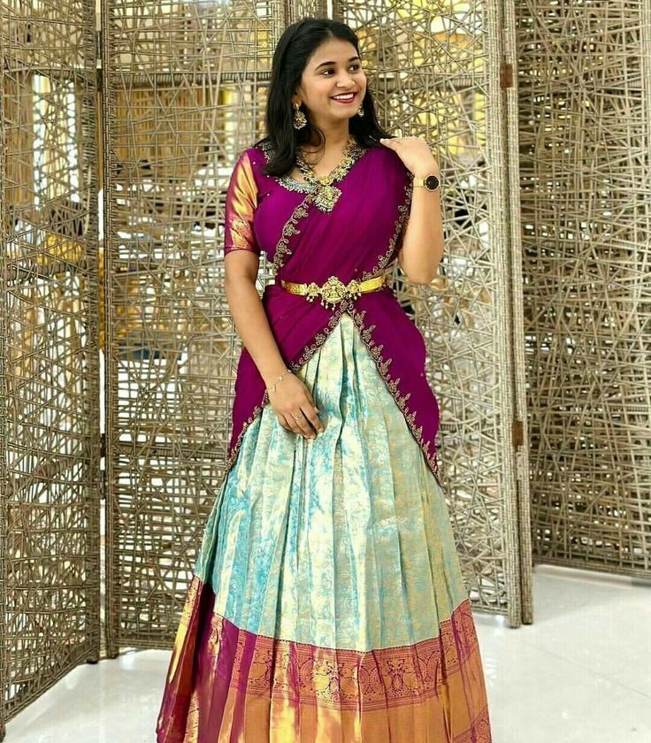 Pattu Half Sarees For Wedding, Half Saree Blouse Designs Back, Half Saree Lehenga Langa Voni, Pattu Langa Voni Half Saree, Simple Half Saree, Half Saree Designs Simple, Half Saree Designs South Indian, Bridal Half Saree, Pattu Lehenga Half Saree