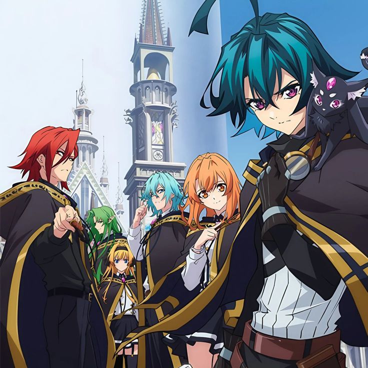 anime characters standing in front of a castle