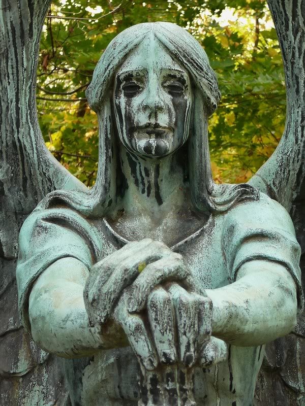 an angel statue with its hands folded in front of it's face and arms