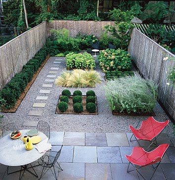 an outdoor garden with tables, chairs and plants in the center is shown from above