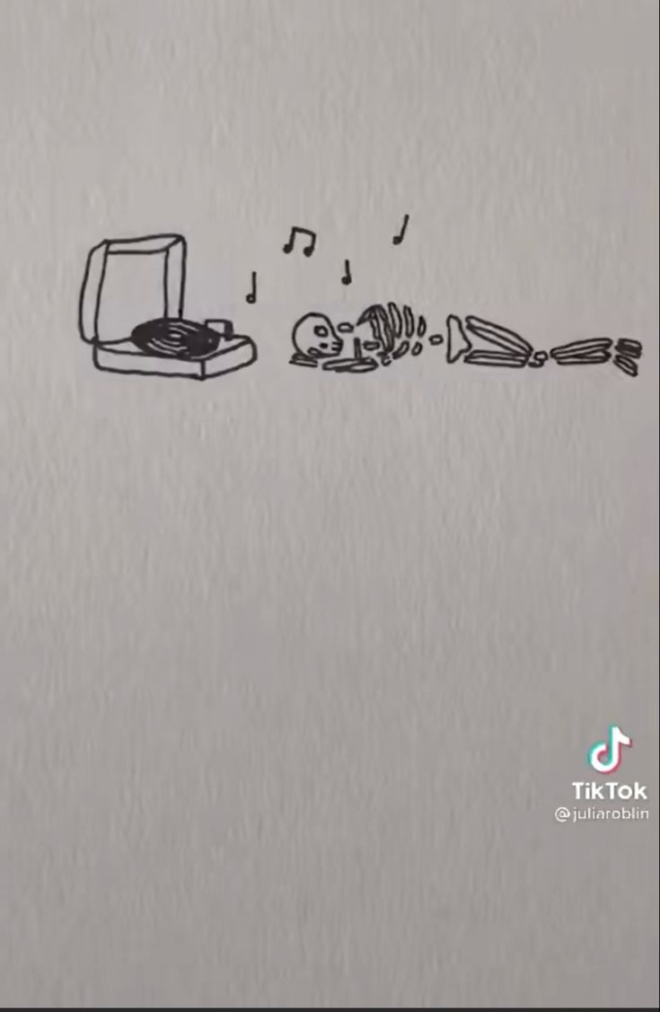 a drawing of a person laying on top of a bed with music notes coming out of it