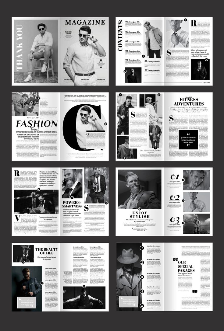 an article spread with black and white photos on the front, side and back pages