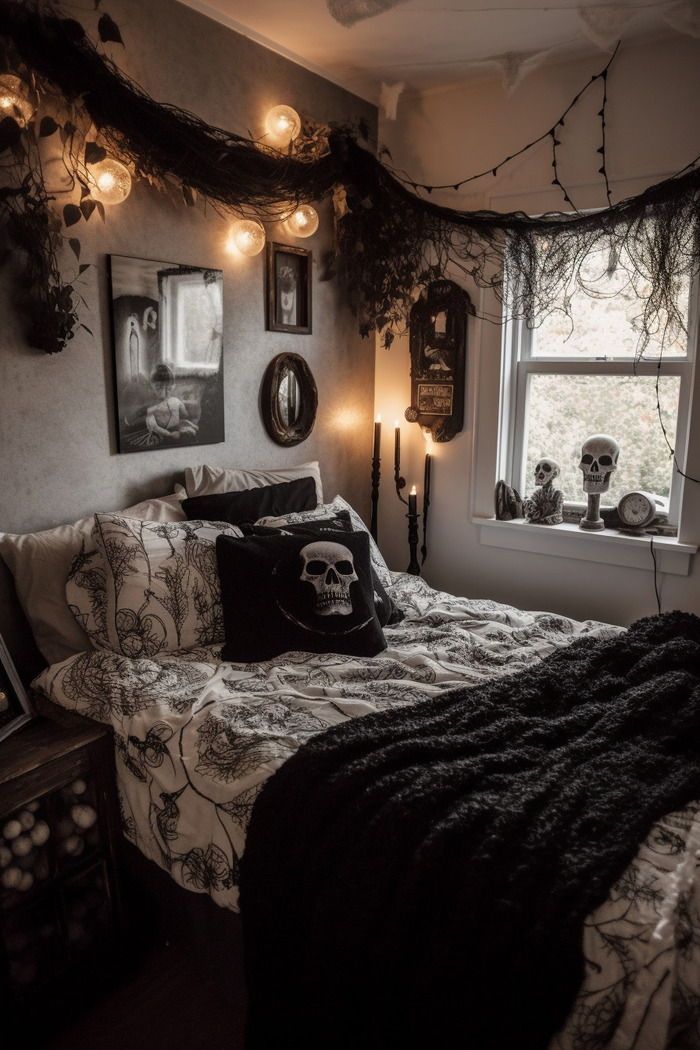 a bedroom decorated with halloween decorations and lights