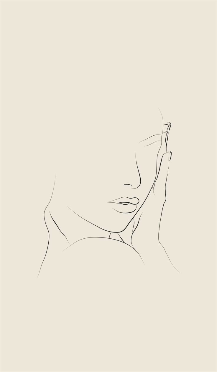 a black and white drawing of a woman's face with her hand on her chin