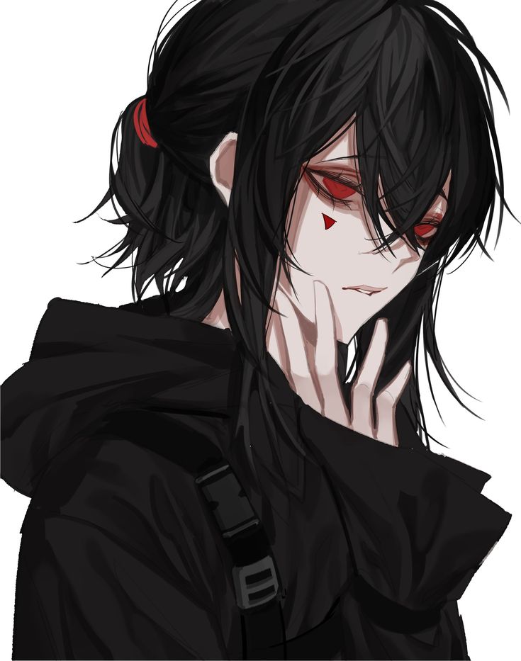 an anime character with black hair and red eyes