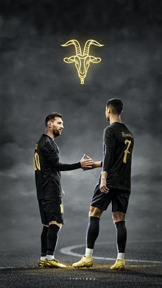 two soccer players shake hands in front of a goat head on a dark background with fog