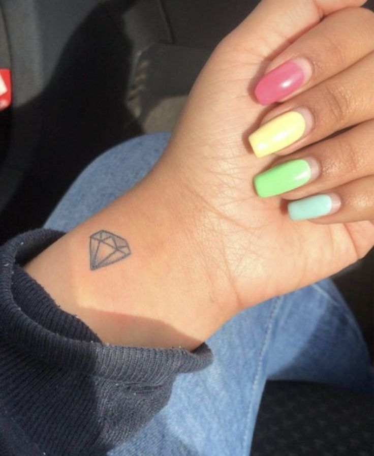 a woman's hand with colorful nails and a triangle tattoo on her left wrist