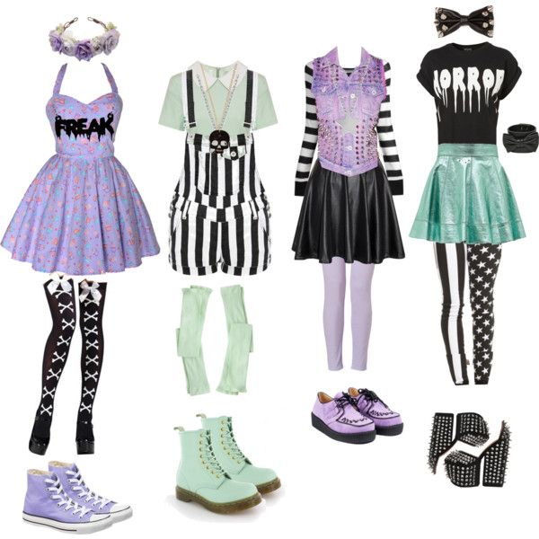 Pastel Goth #2 by queenstormrider on Polyvore featuring Lipsy, Forever 21, True Religion, Dr. Martens, Jeffrey Campbell, Converse, RED Valentino, Full Tilt, Xhilaration and vintage Neo Twewy, Mode Pastel, Mode Harajuku, Pastel Punk, Character Wardrobe, Pastel Goth Outfits, Outfits And Accessories, Goth Outfit, Tokyo Street Fashion