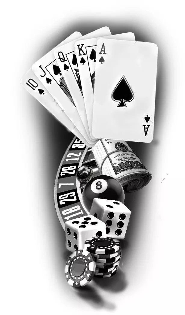 playing cards, dice and casino chips are on top of each other in this black and white photo