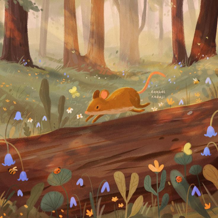 a painting of a mouse running in the woods