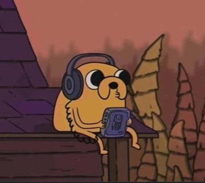 a cartoon character wearing headphones and holding a cell phone