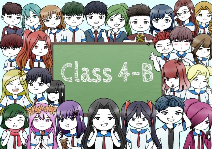 a group of people standing in front of a blackboard with the word class 4b written on it