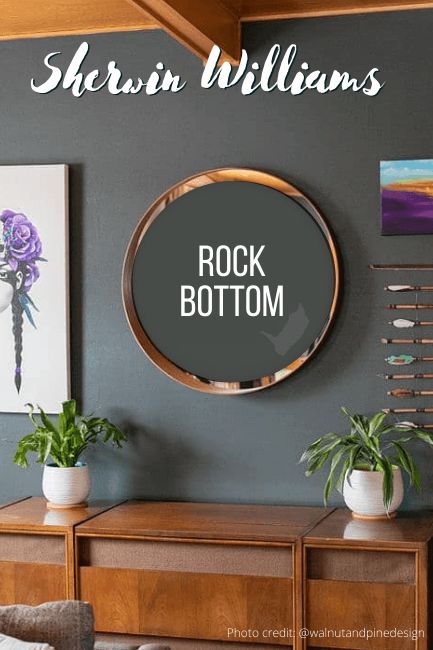 a living room with some plants on top of the table and a round mirror above it