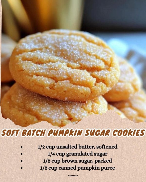 the recipe for soft batch pumpkin sugar cookies is shown in an advertisement with information about how to make them