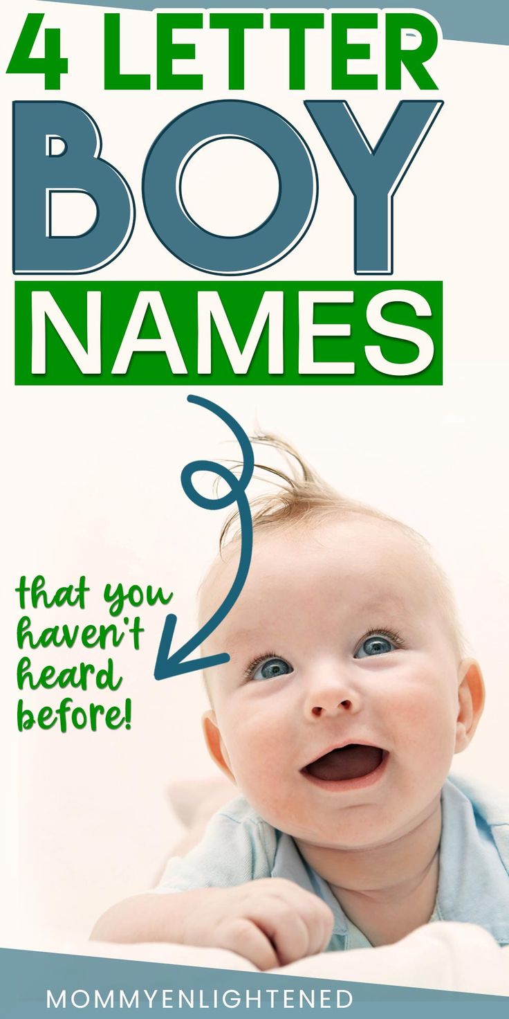 a baby smiling with the words 4 letter boy names on it's back cover