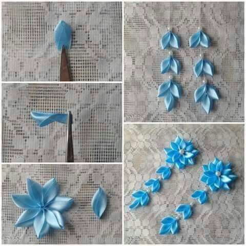 blue flowers are being made with scissors and paper machs to make them look like they have leaves on them