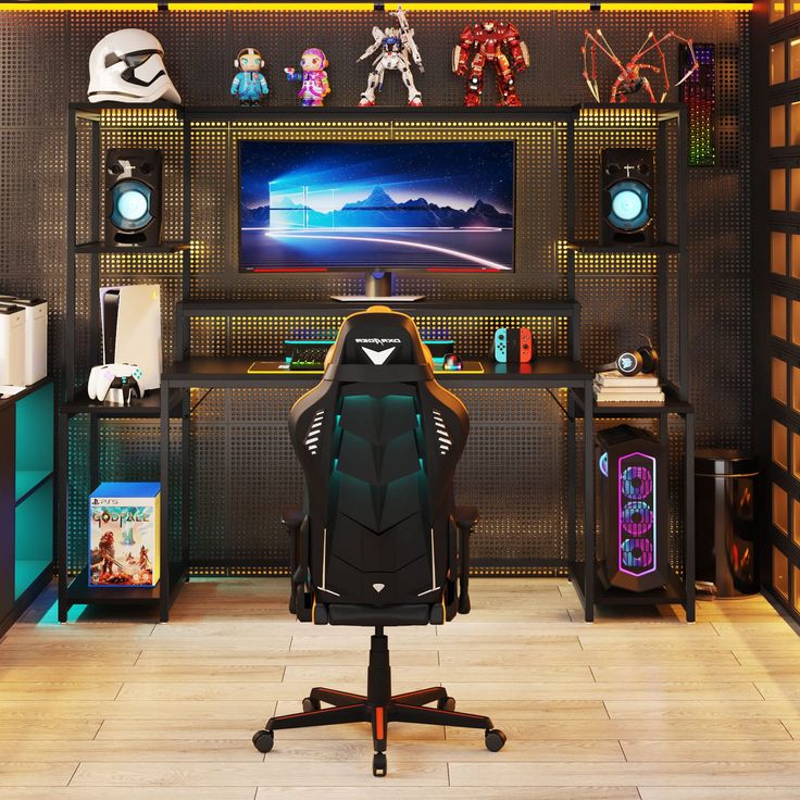 a gaming room with a desk and chair