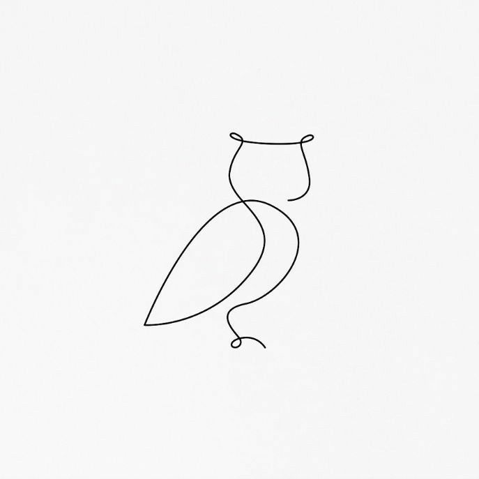 the outline of an owl is shown in black and white, with one line on it's face