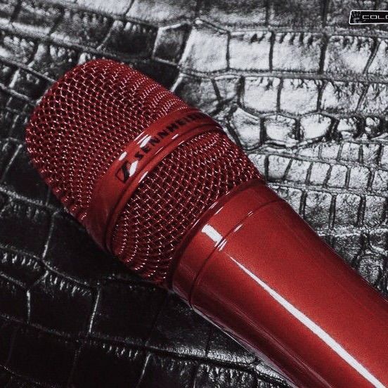 a red microphone sitting on top of a crocodile skin tablecloth covered surface with black and white croc texture