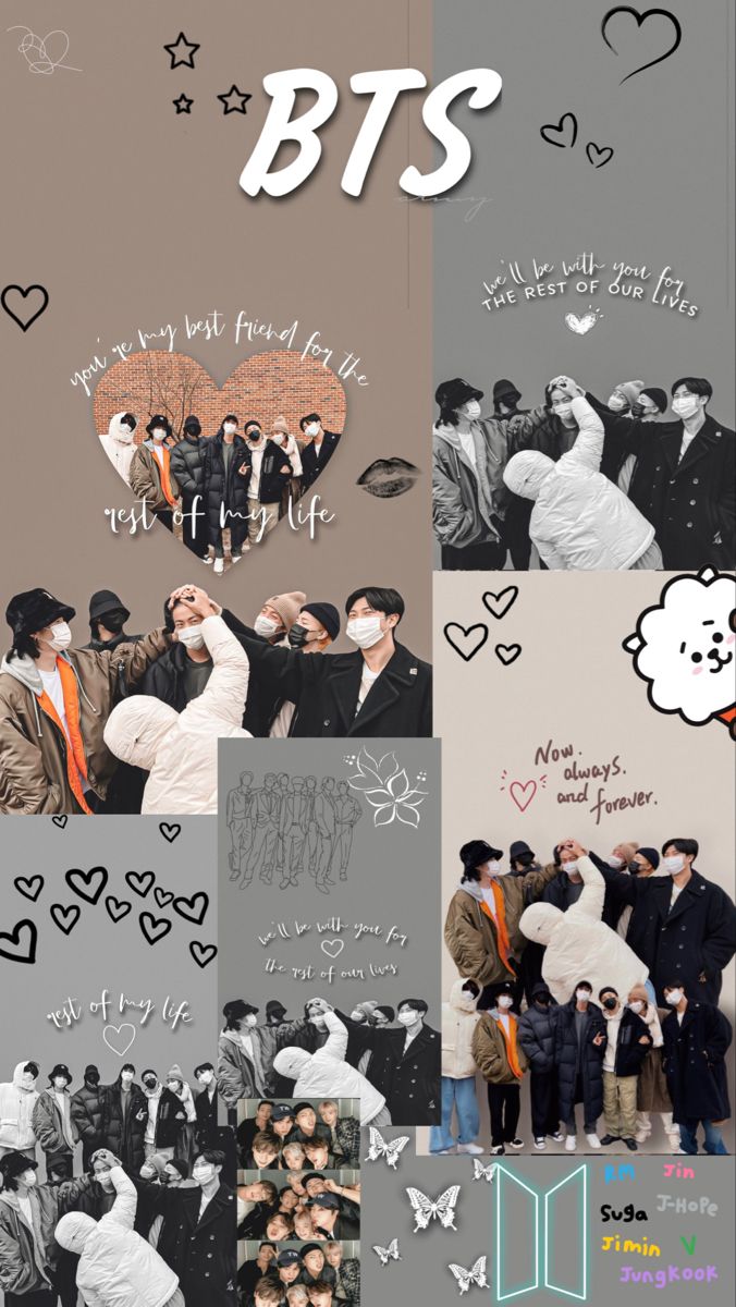 a collage of photos with the words bts written on them