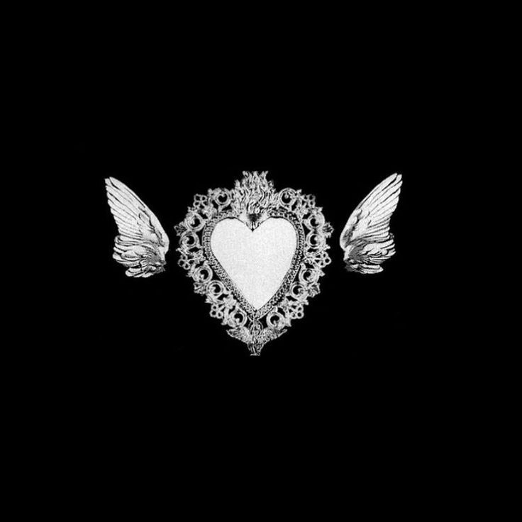 a white heart with angel wings on a black background in the shape of a frame