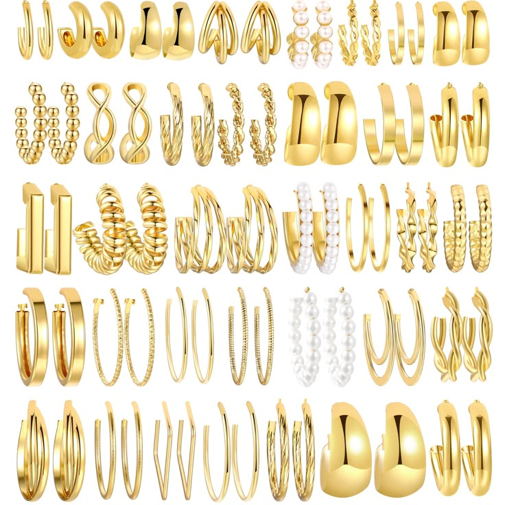 PRICES MAY VARY. Gold Hoop Earrings：You will get 36 pairs of gold earrings of different designs and sizes, including gold earrings, chunky earrings, big hoops, small hoops, twisted earrings, pearl earrings. which can be worn on different parts of the ears. One set will satisfy you for all occasions and clothing, makes you more elegant and attractive! High Quality Material：Our gold hoop earrings are made of premium alloy material, no lead and nickel, and hypoallergenic, mirror color preserving el Parts Of The Ears, Earring Stack Ideas, Mom Birthday Ideas, Gold Earrings Hoops, Gold Earring Set, Twisted Earrings, Earring Stacks, Earring Pack, Gold Hoops Earrings