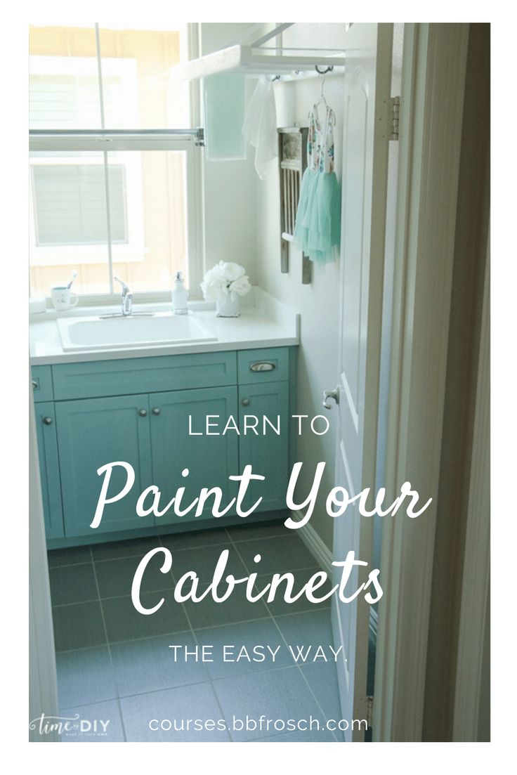 a bathroom with the words learn to paint your cabinets