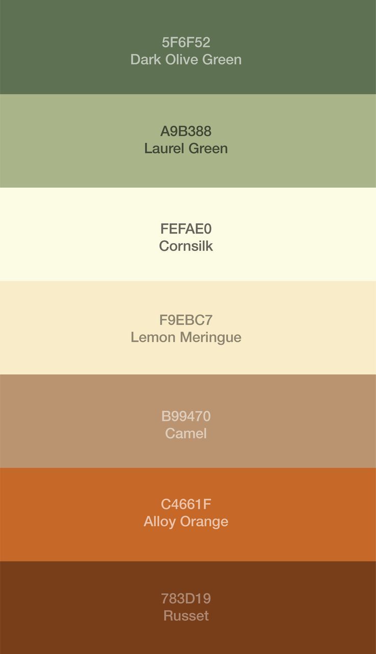 Color Pallet of: Dark Olive Green, Laurel Green, Cornsilk, Lemon Meringue, Camel, Alloy Orange and Russet Bedroom Aesthetic Color Palettes, Colour Pallets For Living Room, Earthy Room Color Palette, Color Pallets Bedroom, Earth Tones Color Scheme, Earth Colours Palette, Earth Tones Design, Earthly Tones Palette, Color Pallets Earth Tones