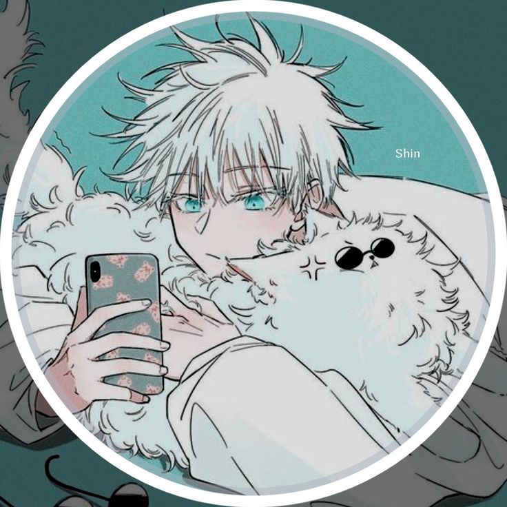 an anime character is taking a selfie with his cell phone while lying in bed