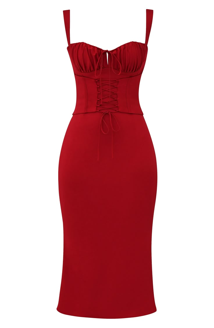 Turn heads in this stunning corset-inspired midi with a lace-up bodice and a flared hem all crafted of lightweight duchess satin. Exclusive retailer Sweetheart neck Adjustable straps Lined 100% polyester Dry clean Imported Luxury V-neck Bodycon Dress For Date Night, Red Lace Outfit Classy, Bodycon Date Night Dress, Trendy Clothes For Women Venus, Formal Valentines Day Dress, Faye Valentine Dress, Valentines Day Dress Casual, Short Bodycon Dress Formal Classy, Red Cut Out Dress