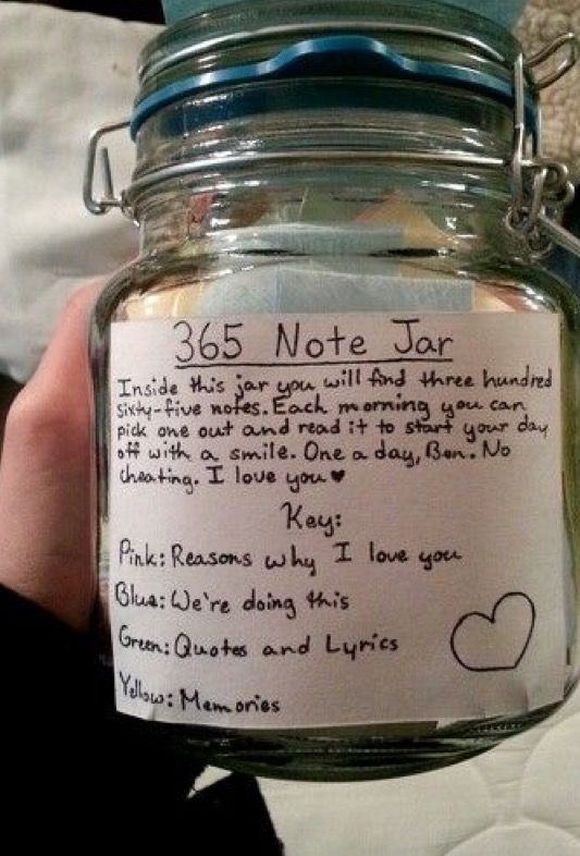 a person holding up a jar with writing on the lid and paper attached to it