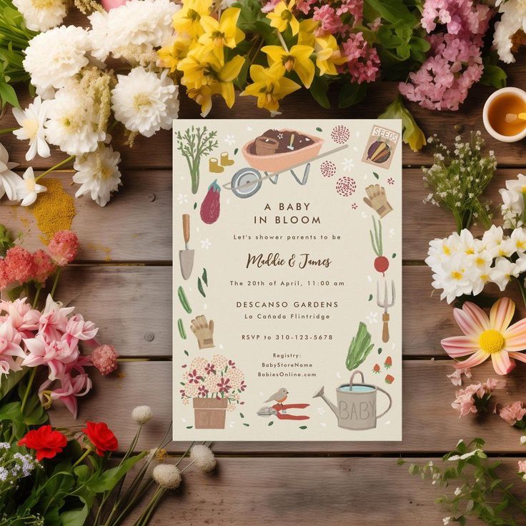 Baby Shower Party Idea Template Baby Shower Garden, Garden Baby Shower Theme, Shower Garden, Growing Garden, Wheel Barrow, Garden Baby Showers, Gender Neutral Baby Shower Invitations, Baby In Bloom, Growing Gardens