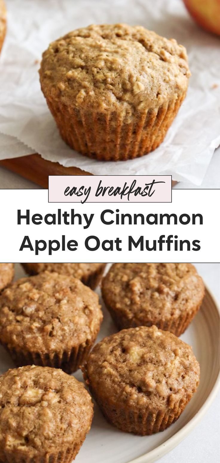 healthy cinnamon apple oat muffins on a white plate with text overlay