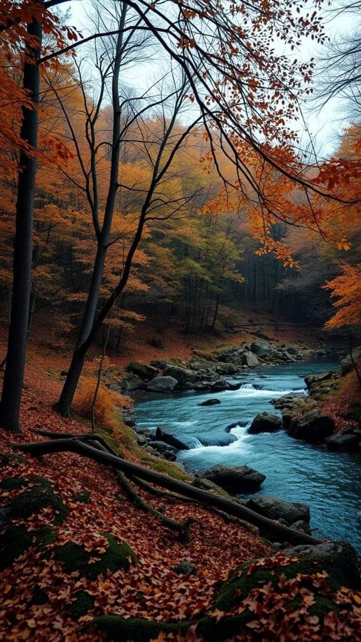 a river running through a forest filled with lots of trees covered in fall leaves and foliage