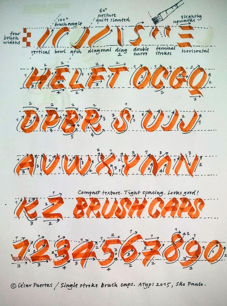 an orange and white typeface is shown on a piece of paper with writing in it