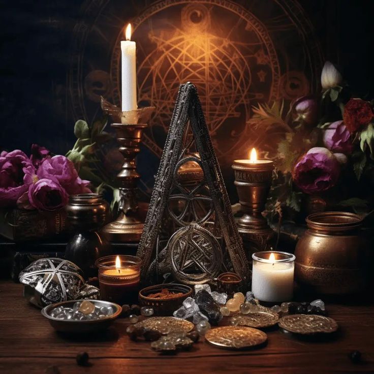 a table topped with candles and other items